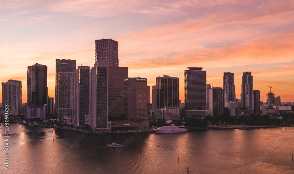 Golden Sunset in Miami Downtown Aerial View
