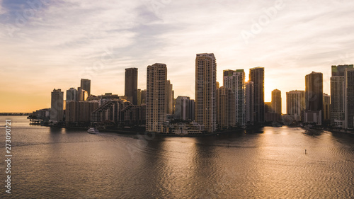 Brickell Key Sunset from the bay Aerial