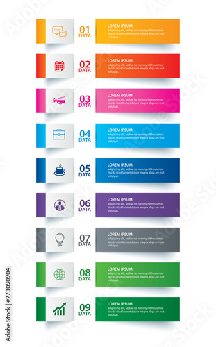 Infographics tab paper index with 9 data template. Vector illustration abstract background. Can be used for workflow layout, business step, banner, web design.