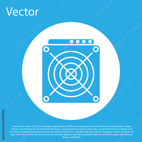 Blue ASIC Miner icon isolated on blue background. Cryptocurrency mining equipment and hardware. Application specific integrated circuit. White circle button. Flat design. Vector Illustration