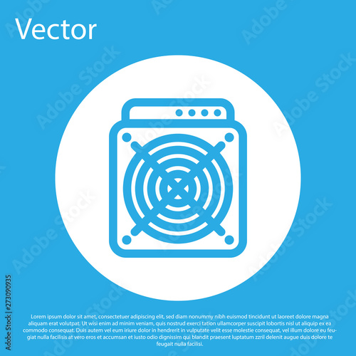 Blue ASIC Miner icon isolated on blue background. Cryptocurrency mining equipment and hardware. Application specific integrated circuit. White circle button. Flat design. Vector Illustration