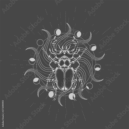 Vector illustration with hand drawn Stag Beetle and Sacred geometric symbol on black background. Abstract mystic sign.