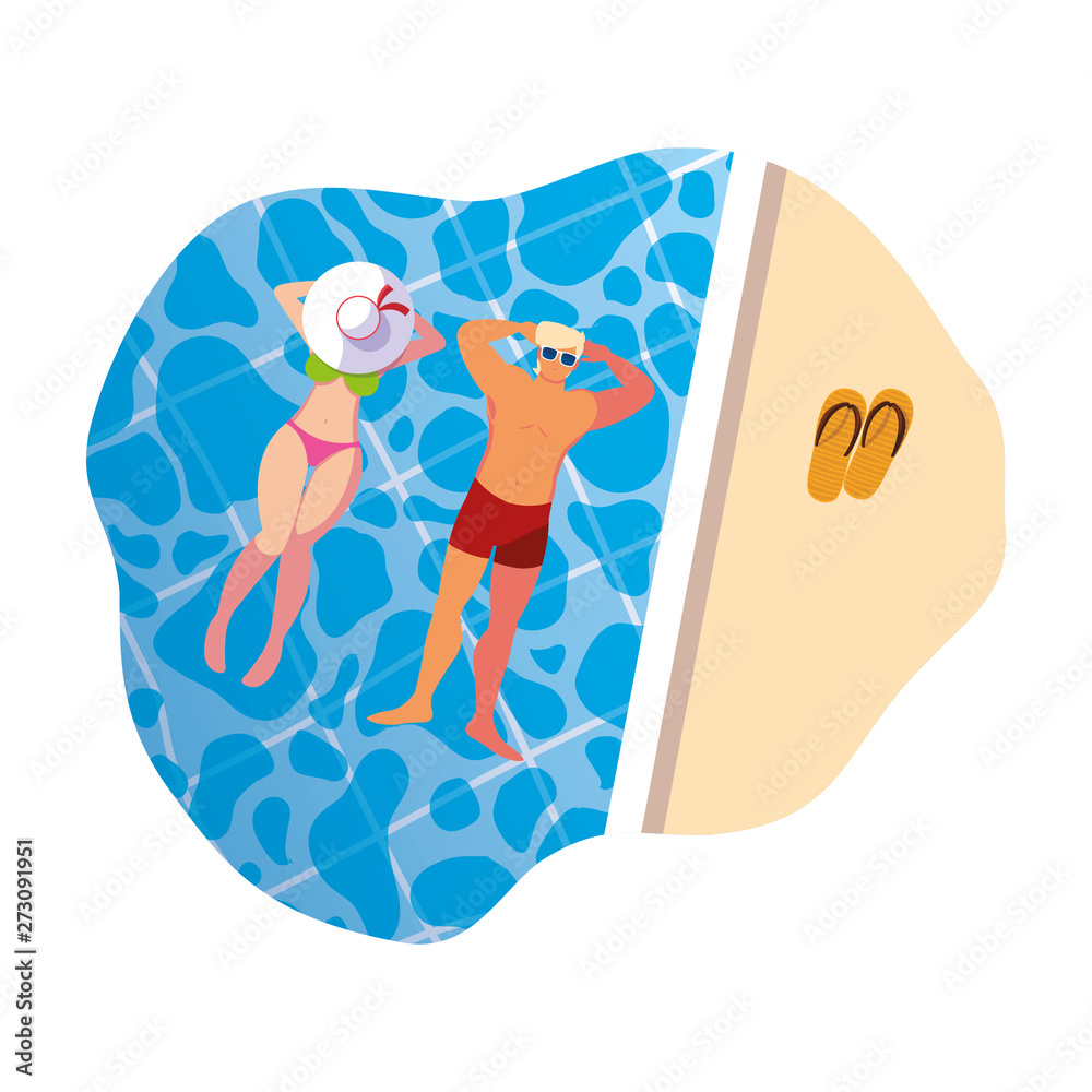 young couple with swimsuit floating in pool