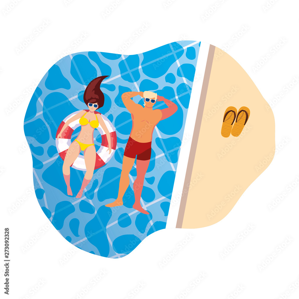 young couple with swimsuit and float in water