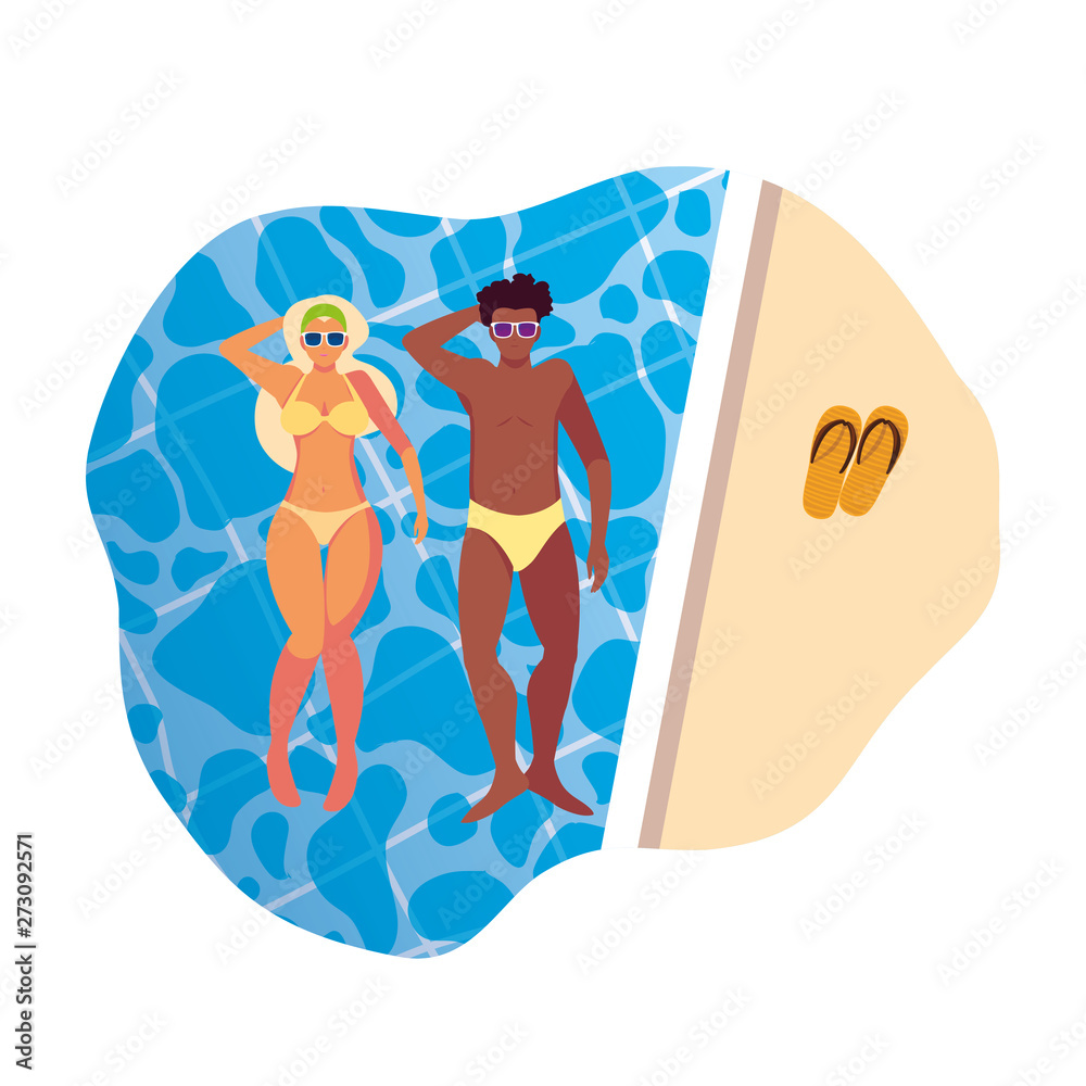 interracial couple with swimsuit floating in water