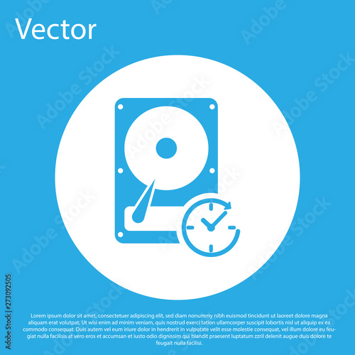 Blue Hard disk drive with clockwise sign, data recovery icon isolated on blue background. White circle button. Flat design. Vector Illustration