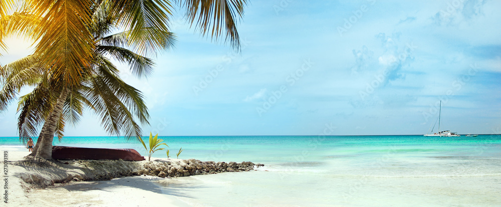 Landscape of the Caribbean sea with a boat lying under a palm tree on the left side of the image. In the background, a long panorama of the ocean. The concept of travel rest and relaxation