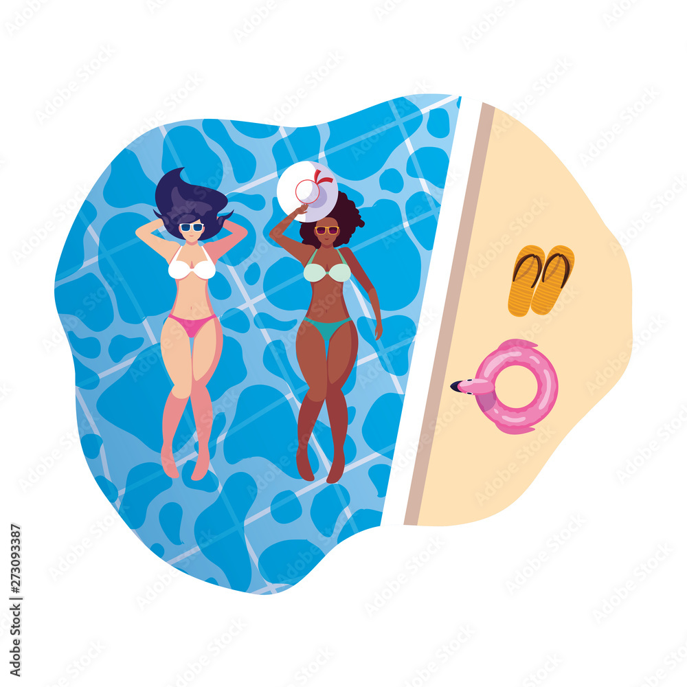 interracial girls couple with swimsuits floating in pool