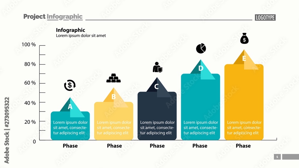 Vetor de Five phase process chart template design. Element of chart ...