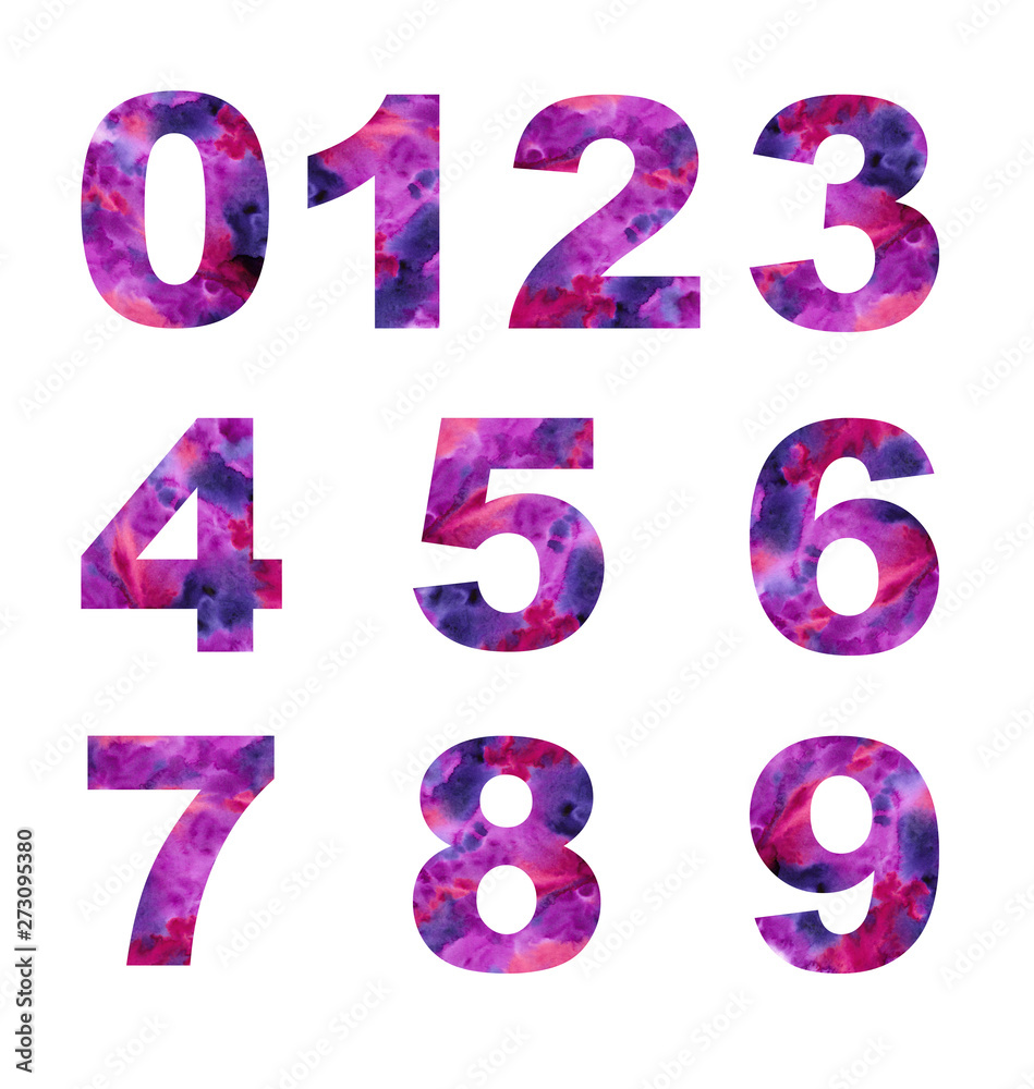 Watercolor numbers. Hand drawn illustration
