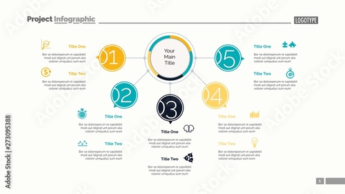 Five points process chart slide template. Business data. Structure, diagram, design. Creative concept for infographic, presentation. Can be used for topics like management, workflow, teamwork.