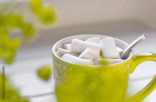  green cup of chocolate with marshmallow with green wild flowers 