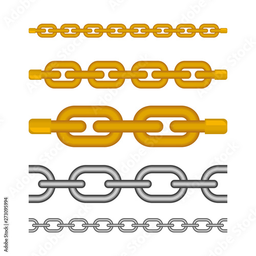 Gold chains set. Silver jewelry. Realistic illustration. Metal chain links. Different length elements. Isolated vector illustration.