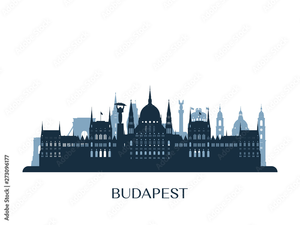 Naklejka premium Panoramę Budapesztu, monochromatyczna sylwetka. Ilustracji wektorowych.