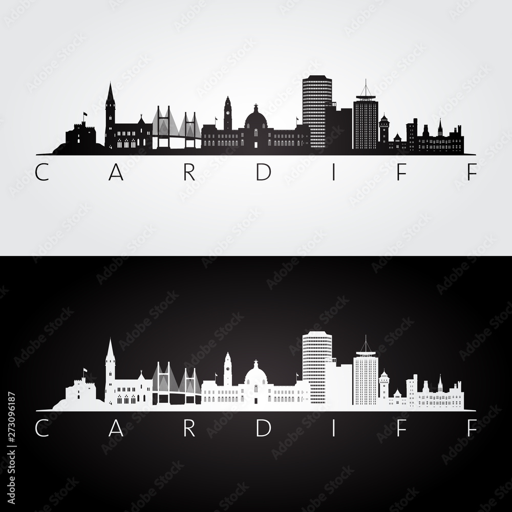 Cardiff skyline and landmarks silhouette, black and white design, vector illustration.