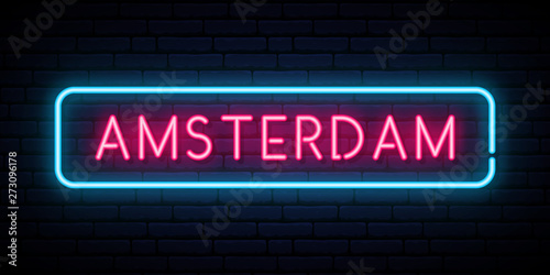 Amsterdam neon sign. Bright light signboard. Vector banner.