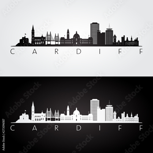 Cardiff skyline and landmarks silhouette, black and white design, vector illustration. photo