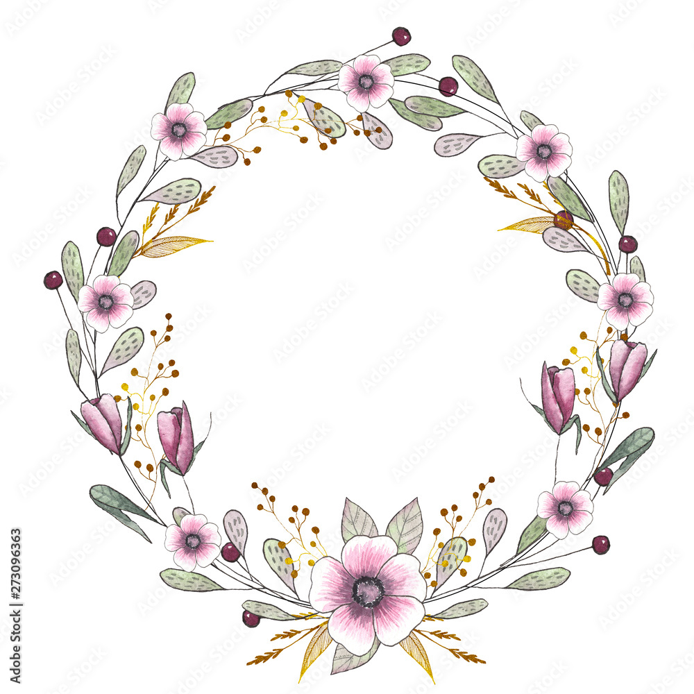 Watercolor handpainted children’s floral wreaths with flowers, leaves,gold branches and twigs