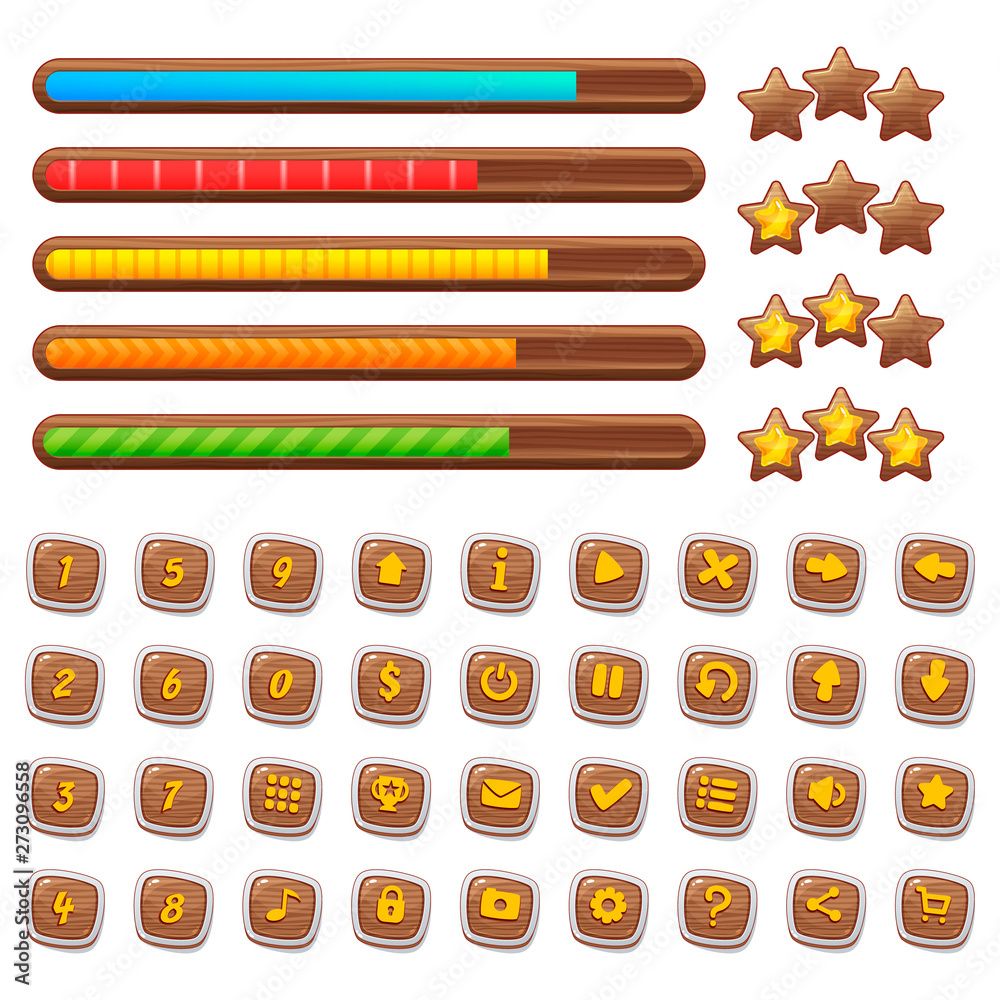 Cartoon wooden game assets, simple kit for game ui development, vector gui  elements. Set of different elements for game: progress bar, menu buttons  and icons, stars, levels. Stock Vector | Adobe Stock