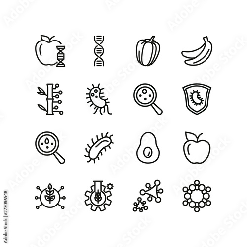 Food science line icon set. DNA molecule, bacteria, fruit, test tube. Food industry concept. Can be used for topics like genetics, lab research, biotechnology