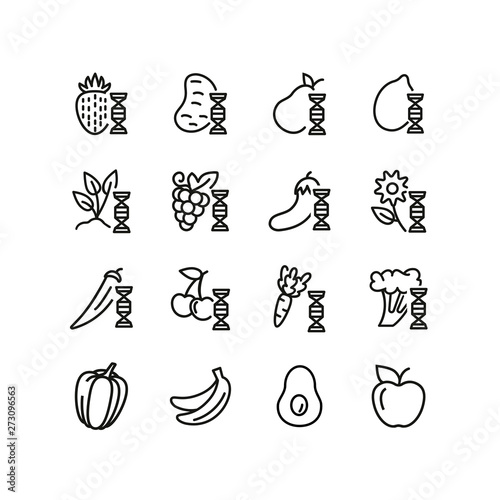 Fruit genetics line icon set. Eggplant, lemon, dna spiral, vegetables. Food concept. Can be used for topics like genetics, agriculture, GM food