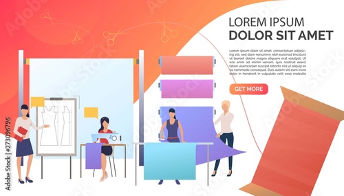 Designer, dressmakers ironing and sewing clothes in sewing studio. Fashion, custom clothing concept. Presentation slide template. Vector illustration for topics like business, tailor shop, atelier