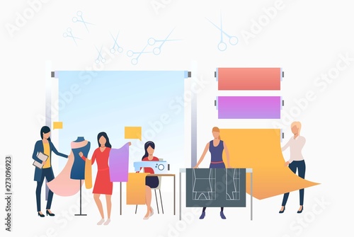 Seamstress, designers and dressmakers working in tailor shop. Tailoring, fashion, custom clothing concept. Vector illustration can be used for topics like business, sewing studio, atelier