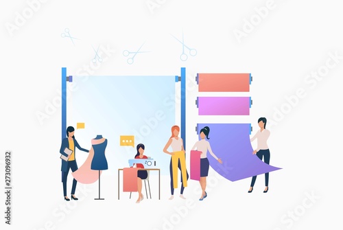 Seamstress, dressmakers and designers working in tailor shop. Tailoring, fashion, custom clothing concept. Vector illustration can be used for topics like business, sewing studio, atelier