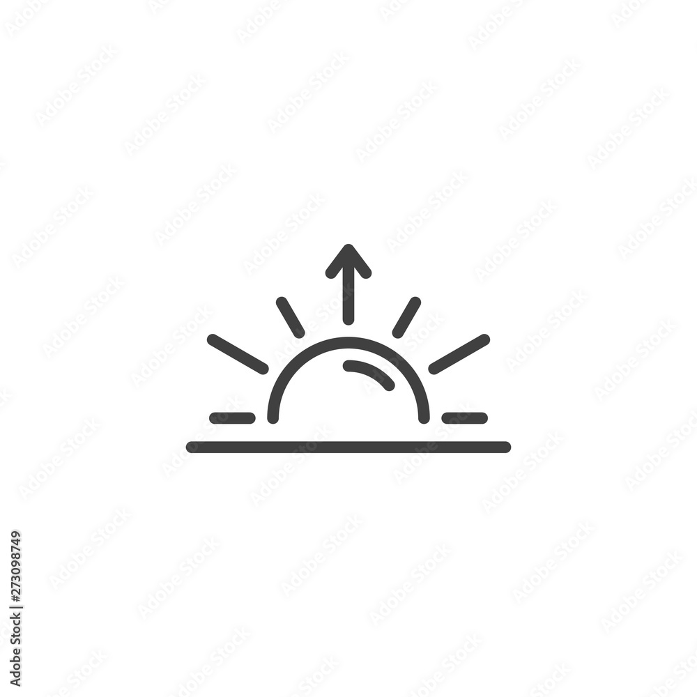 Sunrise line icon. linear style sign for mobile concept and web design. Rising sun and arrow up outline vector icon. Summer weather symbol, logo illustration. Vector graphics Sunrise line icon. linear style sign for mobile concept and web design. Rising sun and arrow up outline vector icon. Summer weather symbol, logo illustration. Vector graphics