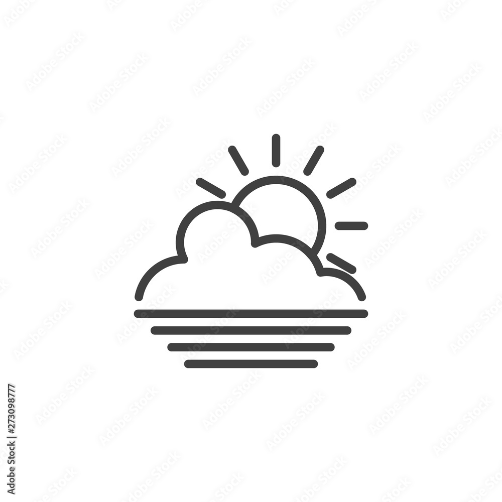 Cloudy sunrise horizon line icon. linear style sign for mobile concept and web design. Sun with cloud and sea water outline vector icon. Summer weather symbol, logo illustration. Vector graphics Cloudy sunrise horizon line icon. linear style sign for mobile concept and web design. Sun with cloud and sea water outline vector icon. Summer weather symbol, logo illustration. Vector graphics