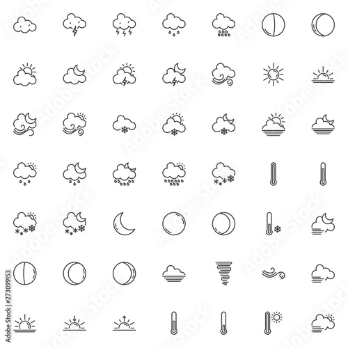 Weather line icons set. Forecast linear style symbols collection, outline signs pack. vector graphics. Set includes icons as temperature thermometer, rain clouds, sun, thunderstorm, foggy night, storm