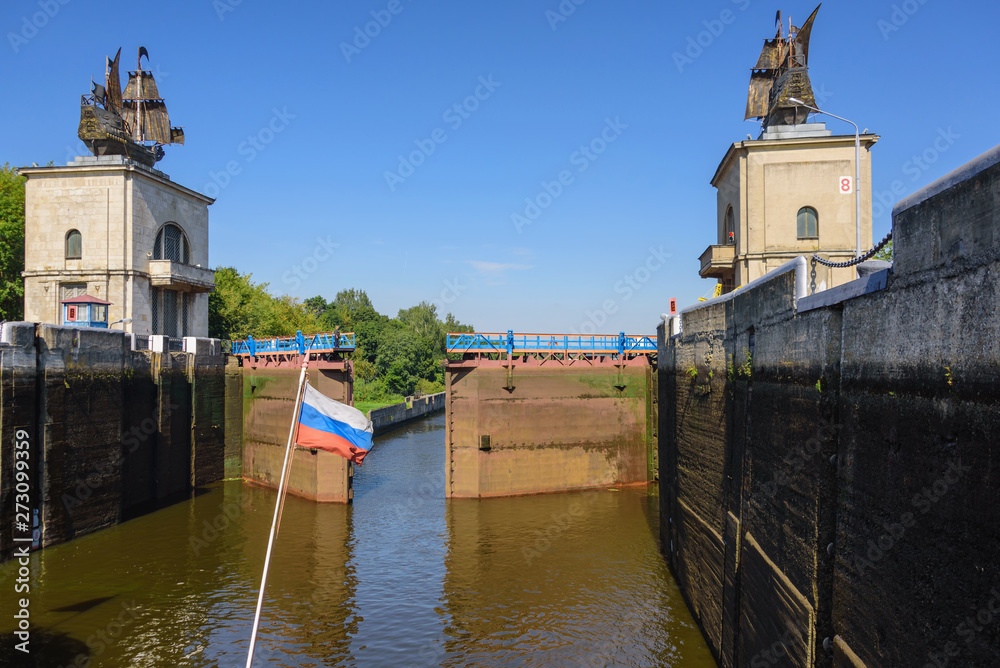 River lock on the Moscow Canal. Water facilities for navigation ships.