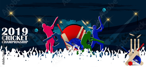 creative illustration of Cricket championship banner with players hitting the ball on stadium background. - Vector