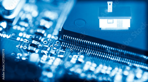 Abstract background of close-up details of electronic cpu chip with colourful industry icon, concept of modern technology for better life, city and environment conservation.