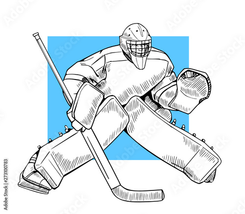 Vector illustration of a hockey goalkeeper. Bright and colorful sport themed poster. Winter sports, ice sports, hockey player, team game.