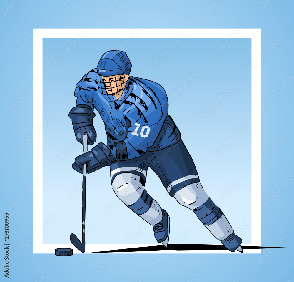 Obraz premium Vector illustration of a hockey player skating. Beautiful sport themed poster. Winter sports, ice sports, hockey player isolated on abstract background.