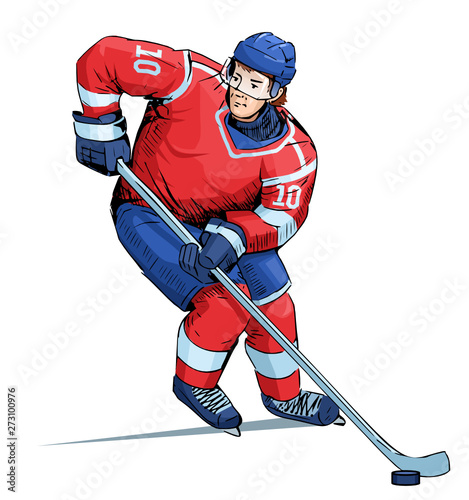 Vector illustration of a hockey player isolated on white background. Beautiful sport themed poster. Winter sports, ice sports, team game.