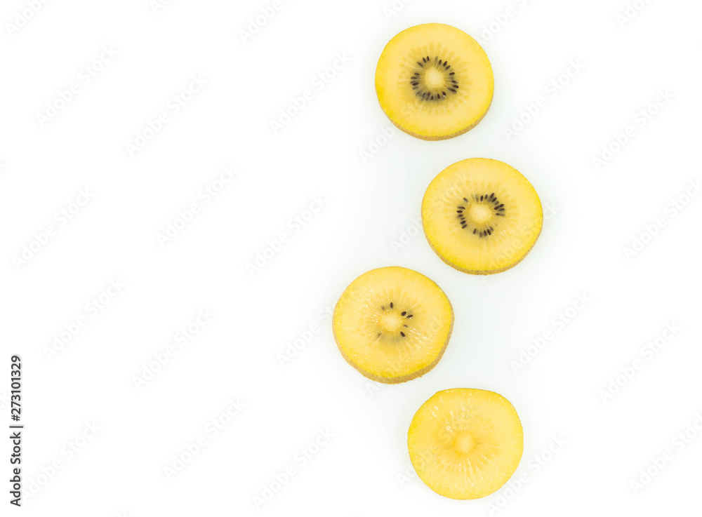 Fresh gold kiwi fruit with slice isolated on white background, health care concept