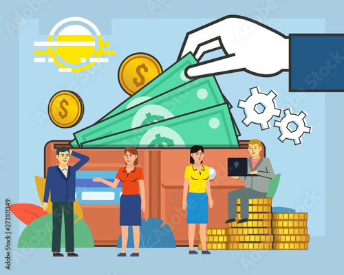 Business growth  savings. People stand near big wallet with cash  credit card. Poster for social media  banner  web page  presentation. Flat design vector illustration
