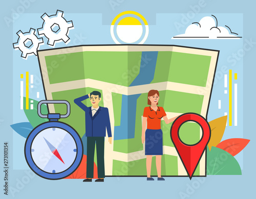 Travel, tourism, orienteering concept. People stand near big map, location point, compass. Poster for web page, banner, presentation, social media. Flat design vector illustration