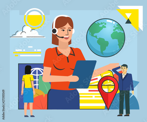 Travel, tourism concept. People stand near travel agent, manager, operator. Poster for web page, banner, presentation, social media. Flat design vector illustration