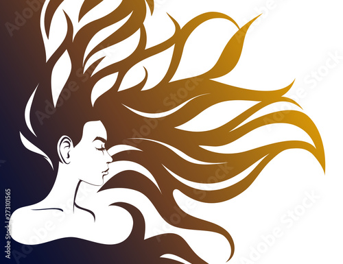 Girl with flying hair, fire. Fashion. Beautiful wavy hair, vector.