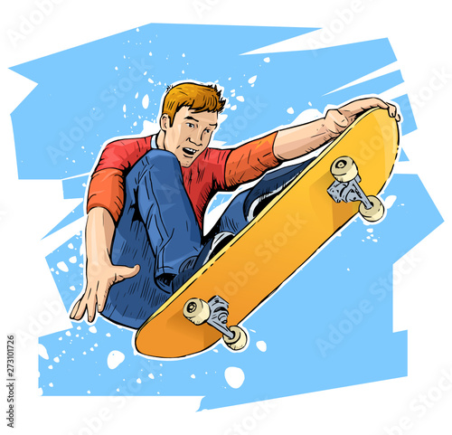 Vector illustration of a skateboarder jumping. Beautiful sport themed poster. Extreme sports, summer sports, young man making stunts on skateboard