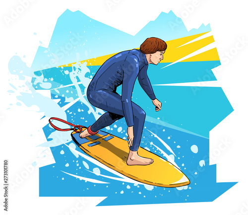 Vector illustration of a surfer riding the wave. Beautiful sport themed poster. Summer sports, vacation, joy, extreme sports, water sports.