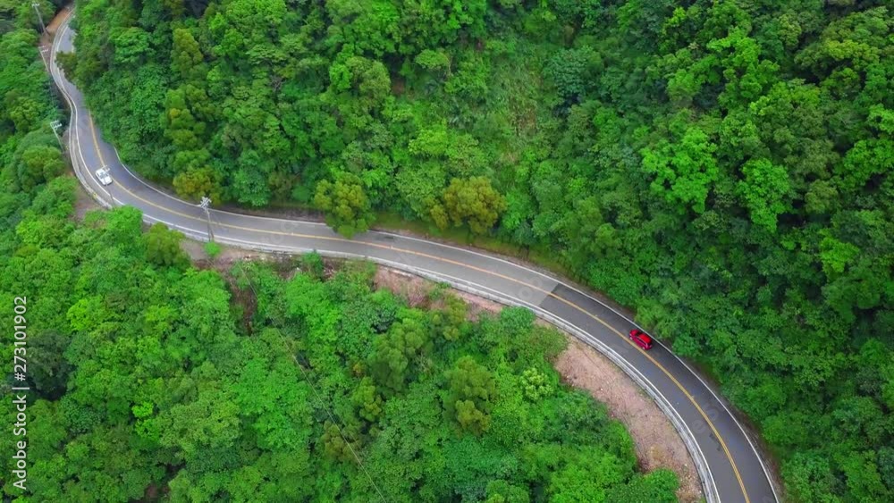 Car Moving along Curved Serpentinous Road among Green Lush Forest Trees in Taiwan. Aerial View