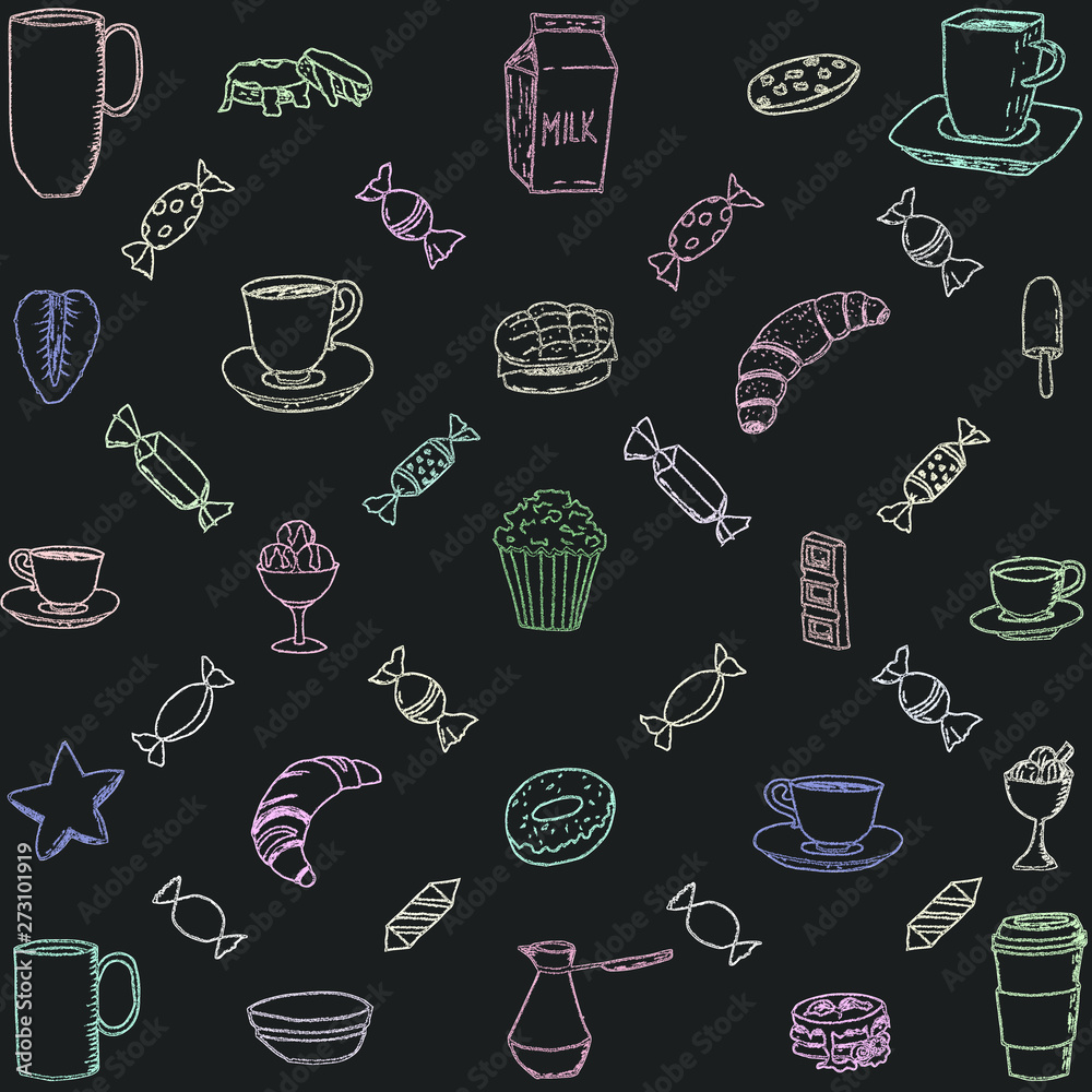 Hand-drawn vector doodle coffee. Useful for packaging, Menu design and interior decoration. Illustration on black background. Yummy. Drawn cup of coffee. Tea. Chalk board. Сolorful chalk.