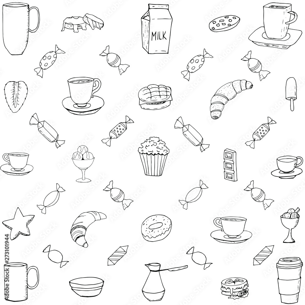 Hand-drawn vector doodle coffee. Useful for packaging, menu design and interior decoration. Illustration on white background. Yummy. Drawn cup of coffee. Tea.
