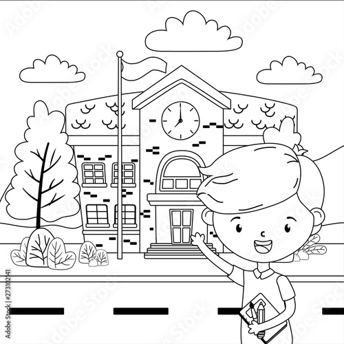 School building and boy cartoon design