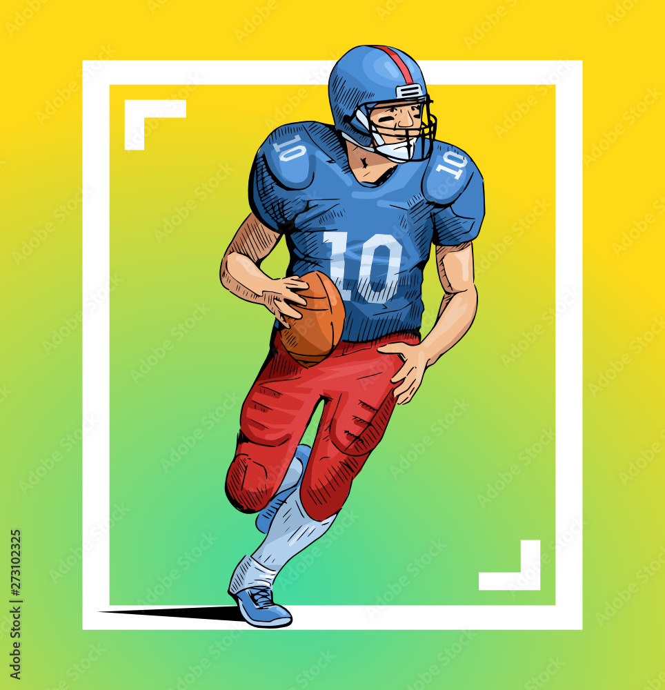 Fototapeta premium Vector illustration of a rugby player running with the ball. Beautiful sport themed poster. Team game, summer sports. American football player isolated on abstract background