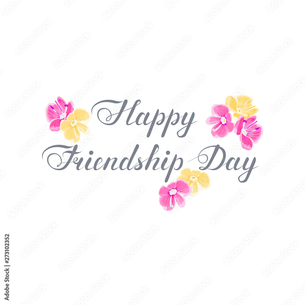 happy friendship day text with pink and yellow flowers. handwritten calligraphic inscription. calligraphic greeting phrase. vector illustration. cursive lettering